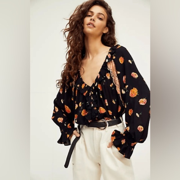 Free People - Poppy Orange Lace Ruffle Long Sleeve Full Brief Bodysuit Size M - Picture 1 of 15